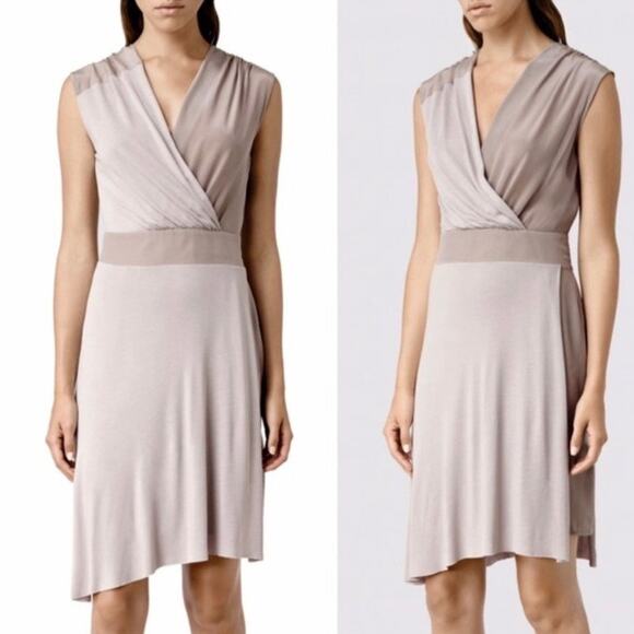 All Saints Zuri Asymmetrical Silk Wrap Dress Two Tone Taupe/Ash Women's Size 4 - Picture 1 of 5